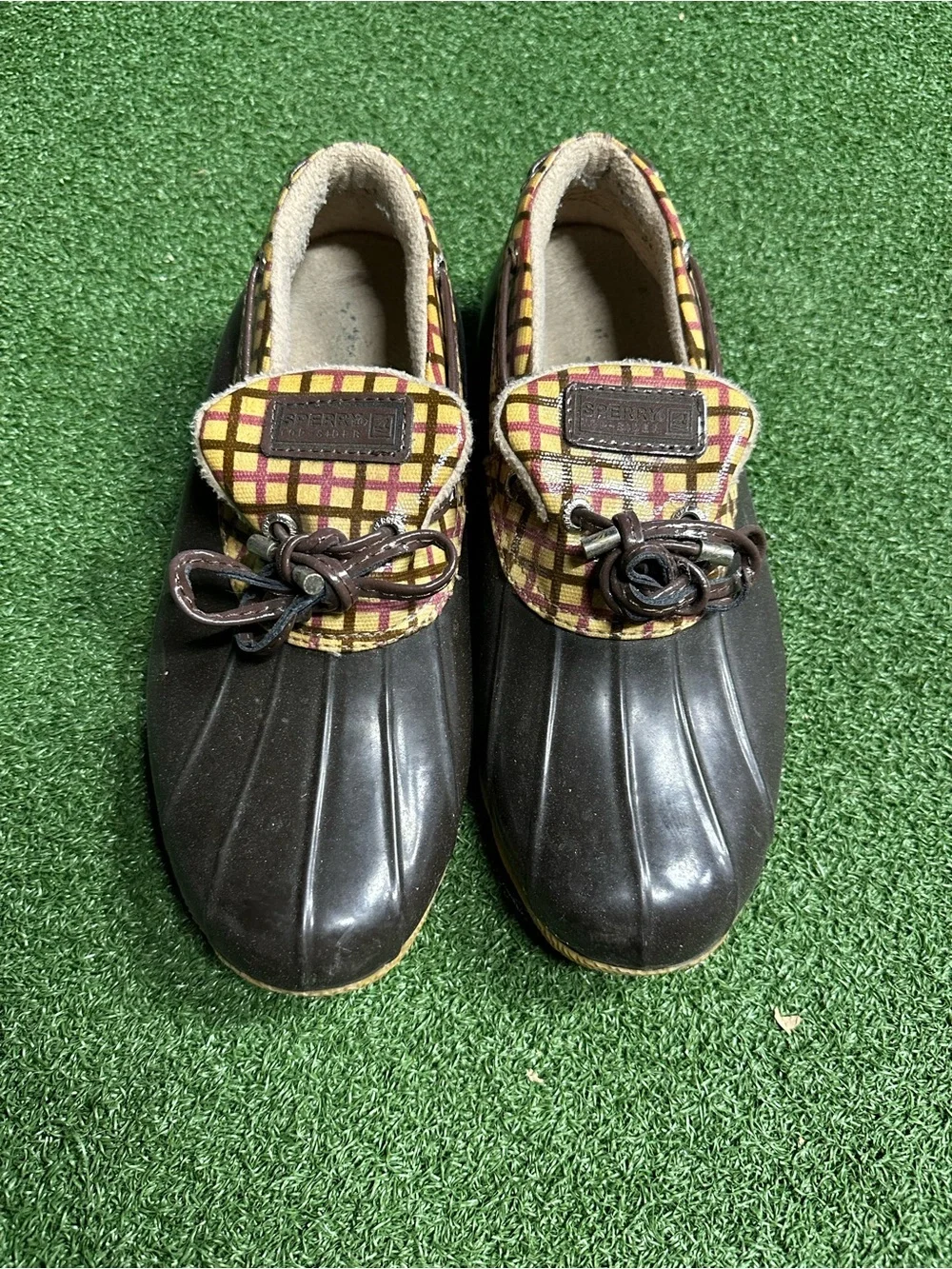 Sperrys Brown Duck-Style Loafers with Yellow Plaid Trim